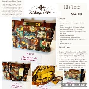 $149 Patricia Nash Patina Coated Linen Canvas Ria Tote Vintage Travel Stickers
